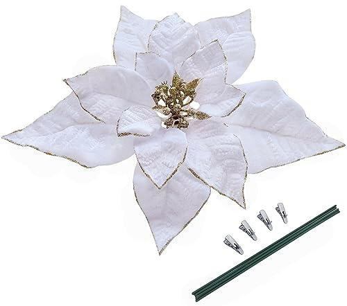 M2cbridge Artificial Christmas Flowers Red Velvet Poinsettia Floral Picks for Christmas Wreath Tree Ornaments(4pcs Extra Large White)