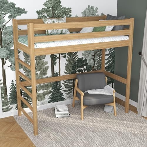 N-wood N01 Hochbett, Etagenbett 120x200 cm, aus Eichenholz, 2 Leitermontageseiten: Links oder rechts, sichere abgerundete Kanten, Stabile Massivholzkonstruktion, inklusive Lattenrost, Natureiche