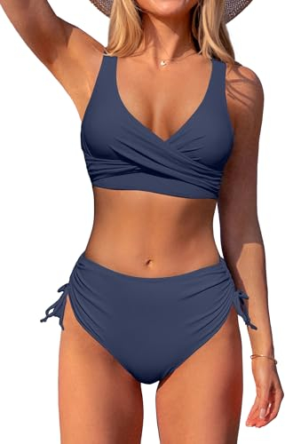 Beachsissi Damen Cross Back Badeanzüge Leopard Twist Front Bademode Kordelzug Side Bikini Sets, DunklesSchieferblau, M