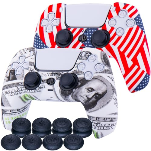 9CDeer 2 fundas protectoras de silicona para transferencia + 8 empuñaduras para el pulgar para mando de PS5 America Dream
