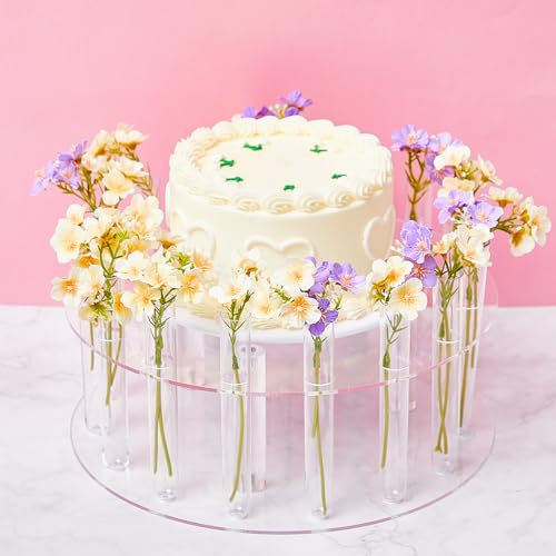 Sintuff 14 Inch Clear Acrylic Floral Crown Cake Stand with 15 Flower Tube Vase and 3 Meter LED String, Suitable for 12 Inch Cake Display Wedding Cake Stand for Wedding Birthday Party Dessert Cupcake