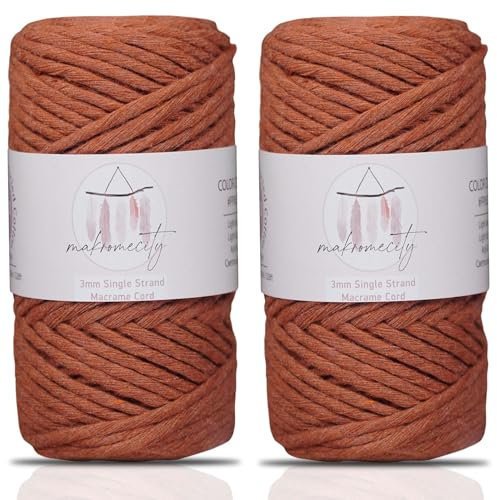 Makromecity, Makramee-Schnur, einsträngig, 3 mm x 91,4 m, 3 mm, einzelne Stränge, natürliche Baumwollkordel für Makramee, Kunst und Handwerk, für Wandbehänge, recycelte Baumwolle (Ziegelstein, 2