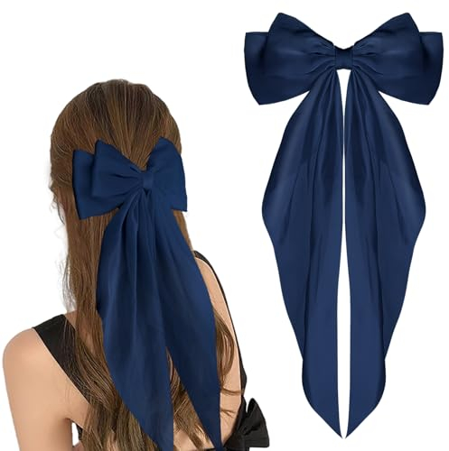 WLLHYF Barrettes à gros nœud à longue queue en ruban français - Épingles à cheveux en satin doux et soyeux - Accessoires des années 90 pour fête, Saint-Valentin, femme et fille (bleu marine)