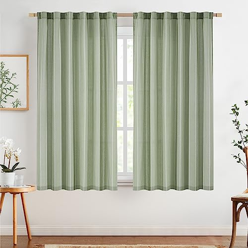TOPICK 2er Set H 145 x B 140 (cm) Gardinen in Grün für Wohnzimmer Schlafzimmer Küche Leinen Gestreifte Vorhänge Streifen Gardinen mit Tunnelzug Landhausstil Moderne Halbtransparent Vorhänge