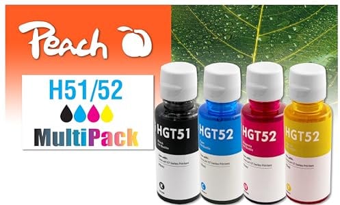 Peach HGT51/GT52 Spar Pack Tintenflaschen (BK, C, M, Y) ersetzt HP GT51, GT52, M0H57AE, M0H54AE, M0H55AE, M0H56A für z.B. HP DeskJet GT 5800, GT 5810, GT 5820