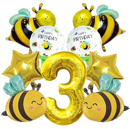 SPERMUOY Geburtstag Deko Biene 3 Jahre, 10 Stück Biene Party Ballon 3 Jahre Bienen Luftballon Set 3. Kinder Geburtstag Deko, Gold Schwarz Nummer 3 Ballon, Kinder Folienballon Geburtstagsparty.