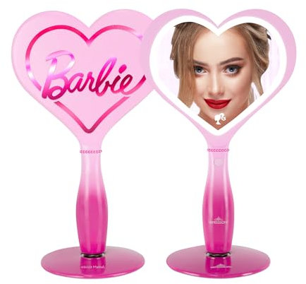 Impressions Vanity Barbie Miroir de Maquillage à LED avec Base sur Pied, Miroir Portable de Voyage avec éclairage en Forme de cœur, poignée en Strass, luminosité réglable, Support à Boule magnétique