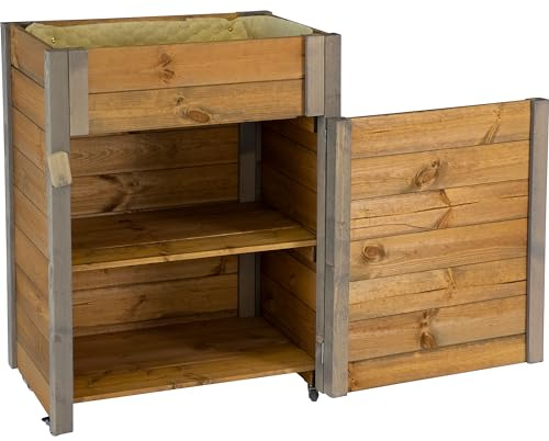 dobar® Select. Rollbares Hochbeet mit Staufach inkl. Schafswolle Gr. L - Erhöhtes Beet auf Rollen - 60 x 40 x 80 cm - Grau-Braun