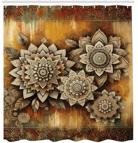 ABAKUHAUS Boho Duschvorhang, Blühendes psychedelisches Mandala auf Erdtönen grungiger Hintergrund, Stoffliches Gewebe Badezimmerdekorationsset mit Haken, 175 x 200 cm, Blasses Verilion Creme