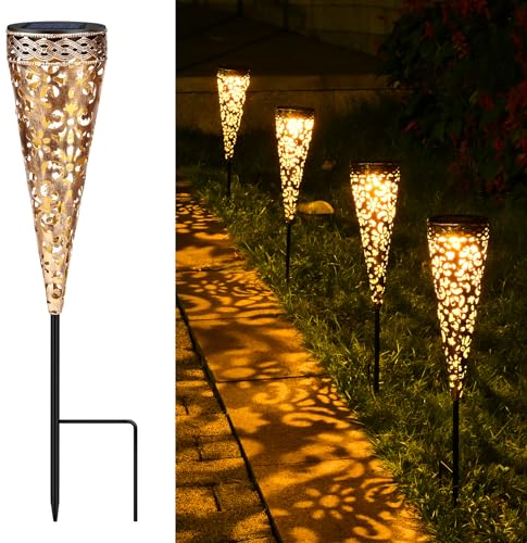 Solarlampen für Außen Garten, GuKKK 4 Stück Gartenbeleuchtung Solar Außen Metall Vintage, IP65 Wasserdicht Garten Solarleuchten für Außen, Warmweiß LED Balkon Deko Garten, Lampions Solar Outdoor Weg