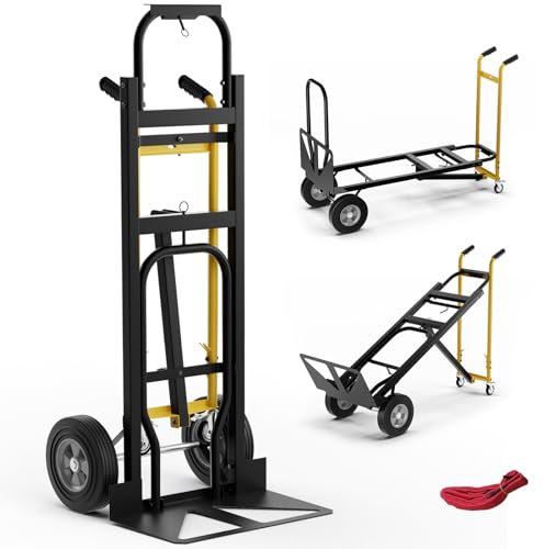 COSTWAY 3 in 1 Folding Hand Truck, 450Kg Capacity Convertible Dolly Cart with 4 Rubber Wheels and Binding Rope, Heavy Duty Platform Cart Sack Barrow for Transport & Moving