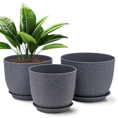 Gardrium Lot de 3 Pots 25,4/22,9/20,3 cm de Fleurs en Plastique Plantes, Jardinières Modernes avec Trous de Drainage et Soucoupe Détachable, Gris moucheté
