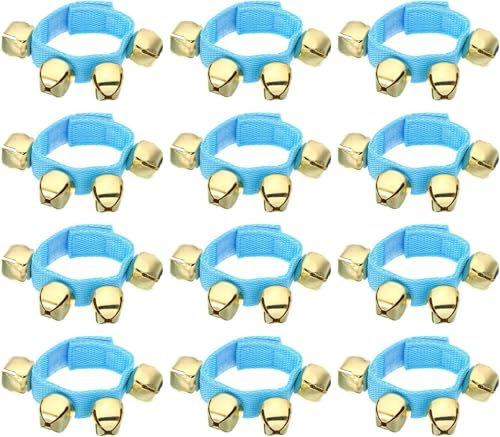 Lot de 12 clochettes de poignet, grelots de cheville, bracelets de percussion, rythmes musicaux avec 4 clochettes dorées pour fête, Noël (bleu)