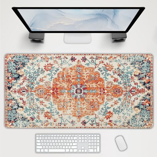 Orange Teal Boho Gaming Mouse Pad Extended 20x14 Inch Rug Carpet Bohemian Retro Large Desk Mat Big Mousepad Non-Slip Rubber Base Stitched Edge Long Desk Pad for Desktop Office PC Gamer,60x35 cm