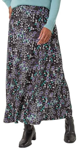 Roman Originals Jersey Skirt for Women UK - Ladies Midi Maxi Floral Animal Print Autumn Winter Swing Smart Casual Work Office Cocktail Party Going Out Evening Holiday Cruise - Blue Purple - Size 16