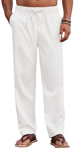 COOFANDY Herren Hose Lang mit Gummibund Freizeithose Sommerhosen Stoffhose Dünne Herrenhosen Strandhose Schlupfhose Männer Hose Weiß XL