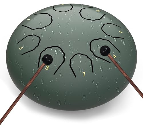 Zungentrommel 6 Zoll 8 Töne C-Key, Steel Tongue Drum Handpan Set,Regentrommel outdoor,Schlaginstrument für Anfänger, inkl. Tragetasche, Notenbuch & Schlägeln (Grün, 6 Zoll)