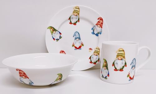 Lucky Gonks Breakfast Children Set Bone China 3 Piece Plate 16.5 cm Mug & Bowl Festive Children's Kids Gnomes Hand Decorated in UK