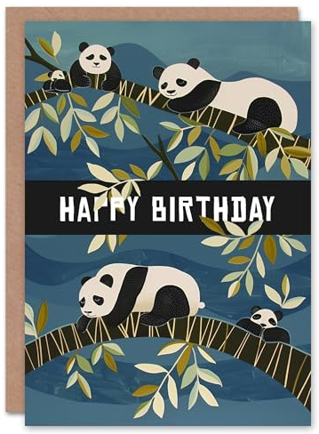 Artery8 Sleepy Panda Bears on Tree Folk Art Painting Blank For Him Or Her Art Birthday Card