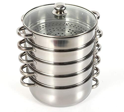 YJKKZQLB Stainless Steel 5 Tier Steamer Vented Glass Lid Integral Casserole Pot Oven Safe Cook Food Veg Pot Large Steam Cooker Steamer Pan Set