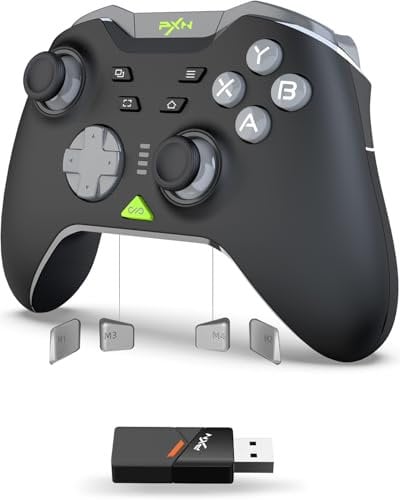 PXN P5 Controller da Gaming 2025 - Joystick Hall Effect, 4 Macro, Wireless (2.4G/BT/SW), Grilletto a 2 Livelli, Vibrazione, 1000mAh, APP, FN, POM - Controller per PC, Switch, Android e iOS (Nero)