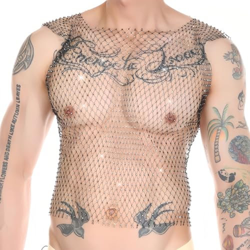 CATOR Tank Top Männer Mesh Crop Top Durchsichtiges Glänzende Netzshirt Fischnetz Strasssteine Cover Up Kristall Sheer Mesh Top Aushöhlen Sparkle Club Wear Sexy Pailletten Netzoberteil -M- Schwarz