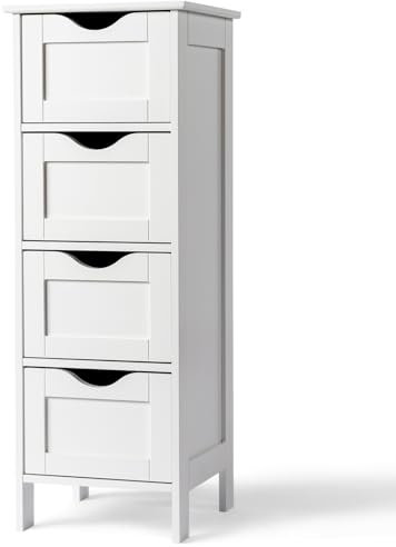 Bonnlo Meuble de Rangement de Salle de Bain avec 4 Tiroirs, Armoire de Rangement en Bois, Meuble sur Pied, Commode pour Cuisine, Entrée, Chambre, Salle de Bain, Blanc, 30 x 30 x 82 cm