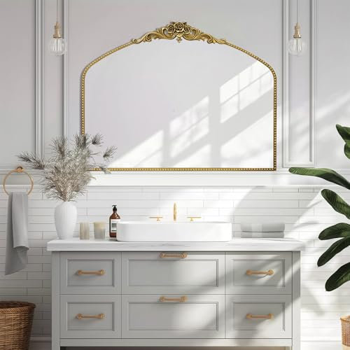G-LEAF Barock Gold Antik Spiegel, Vintage Wandspiegel mit Bogenform im Französischerstil für Badezimmer, Schlafzimmer,Wohnzimmer & Flur Kamin Wanddeko, 76.2cm x 101.6(H) cm