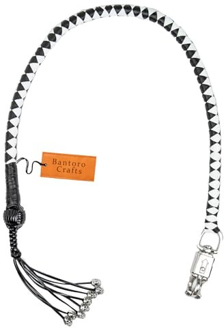 Bantoro Crafts Cravache de moto de 106,7 cm - Accessoire de guidon en cuir véritable avec boucle à dégagement rapide - Équipement de motard haute visibilité (blanc et noir)