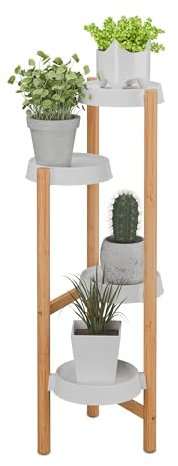 Relaxdays Pflanzenständer, 4 Ablagen, innen, Bambus & Kunststoff, HxBxT: 85 x 32 x 33 cm, Blumenständer, Natur/weiß