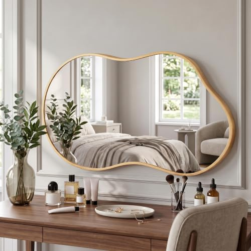 Fahomiss Wandspiegel Metallrahmen Unregelmäßig, Moderner Design Spiegel, Dekospiegel für Wohnzimmer, Flur, Schlafzimmer (Gold, 115L x 65B cm)