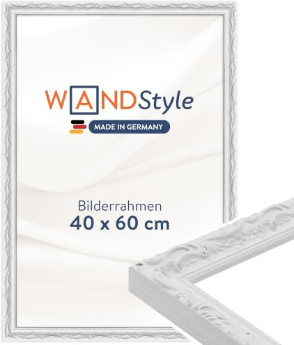 WANDStyle weißer Bilderrahmen 40x60 Holz, Bilderrahmen Weiß Vintage | Hochwertiger Holzbilderrahmen Antik, Posterrahmen zum Aufhängen, Rahmen 60x40 cm, Fotorahmen H530 Made in Germany