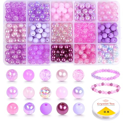 Honosen 375 Stück Lila Glasperlen für Armbänder, 7,8mm Perlen zum Auffädeln, Armband Perlen Set mit Elastisches Seil, Bunt Beads für DIY Schmuckherstellung Basteln