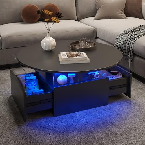 KEEPREAPER Black Round Coffee Table for Living Room, LED Modern Living Room Table with Storage, Square Acrylic Coffee Tables with 2 Sliding Drawers, Wood Center Table for Reception Dinning Room