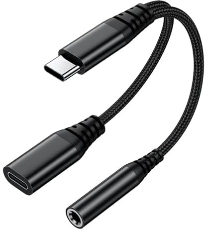 USB C auf 3,5mm Klinke Adapter und Laden, 2 in 1 Typ C auf 3.5mm Kopfhörer Adapter mit PD 60W Schnellladung,USB C zu Schnellladung Aux Audio für iPhone 15 16 Samsung S25 S24 Type C Devices(Schwarz)