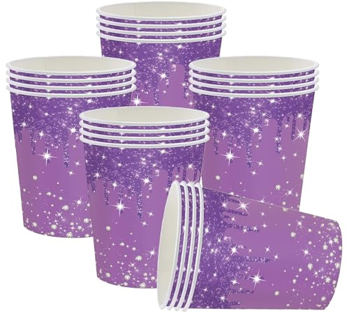 ATBEAMEN 20Pcs Purple Paper Cups 9oz,Diamond 250ml Drinking Cups Disposable Party Paper Cup Sparkling Purple Cup for DIY Birthday Christmas,Picnic,Baby Shower Wedding Party Cups Supplies