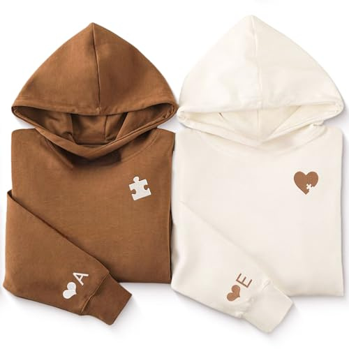 WERWAES Partner Hoodies 2er Set mit individueller Stickerei, Pärchen Pullover mit Kapuze, Herz und Puzzle Motiv, Baumwolle Polyester, Langarm, personalisierbar mit Initialen