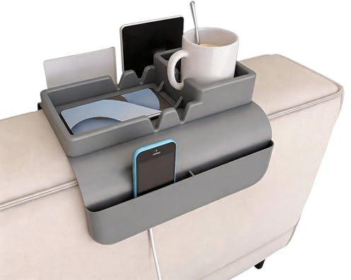 HapSmile Sofa Arm Tray, Silicone Arm Chair Table Tray Anti-Slip with Dual Side Pockets, Sofa Caddy with Phone Holder for Cup, Phone, Tablet, Remote Control Snack Grey