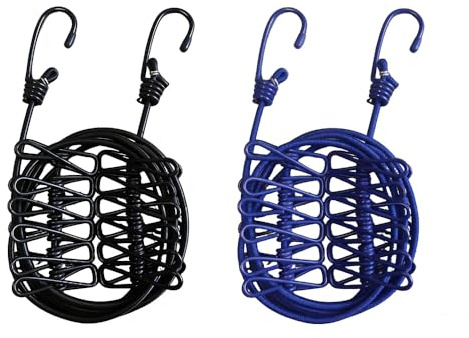 XINGSUI 2 Pezzi Stendibiancheria Elastica Regolabile, per balconi, esterni | Metallo + corda elastica, 2 colori, con ganci alle due estremità, dotata di mollette,per stendere indumenti, asciugamani ecc.