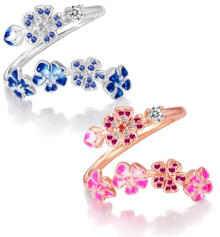 Zecimi Pfirsichblüten Ring, Rosa/Blau Offen Peach Blossom Ring für Damen | Verstellbar Kirschblüten Blumenring Set mit Zirkonia Kristall, Verlobungsring zu Hochzeit, Valentinstag Geschenke für Frauen
