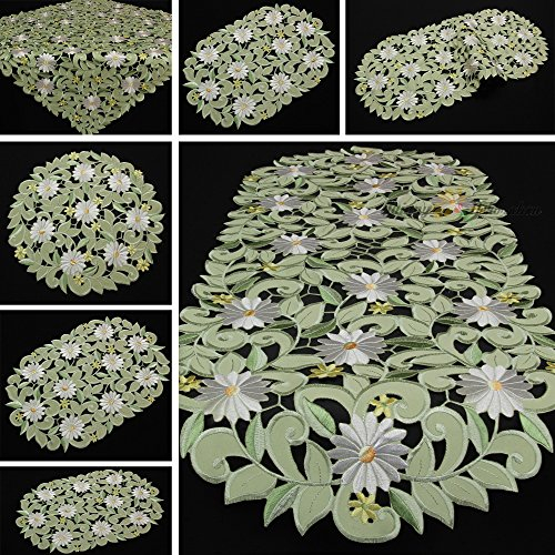 Quinnyshop Margerite Kamille Tischläufer/Tischdecke grün mit weißen Blumen Stickerei - Größe wählbar (ca. 30 x 45 cm Oval)