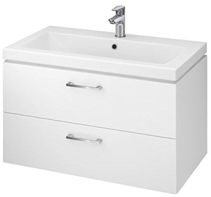 VBChome Badmöbel Set 80 cm Weiß Hochglanz – Waschbecken mit Unterschrank 2 Schubladen Soft-Close – Hängeschrank Lara – Waschtisch Badezimmermöbel Keramikbecken