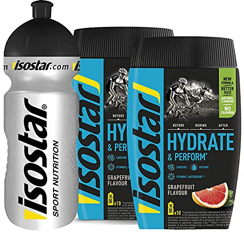 Isostar Hydrate & Perform Iso Drink – 400 g isotonisches Getränkepulver – Elektrolyt Pulver zur Unterstützung der sportlichen Leistungsfähigkeit – 2 x Graperfruit + 0,5 Liter Flasche