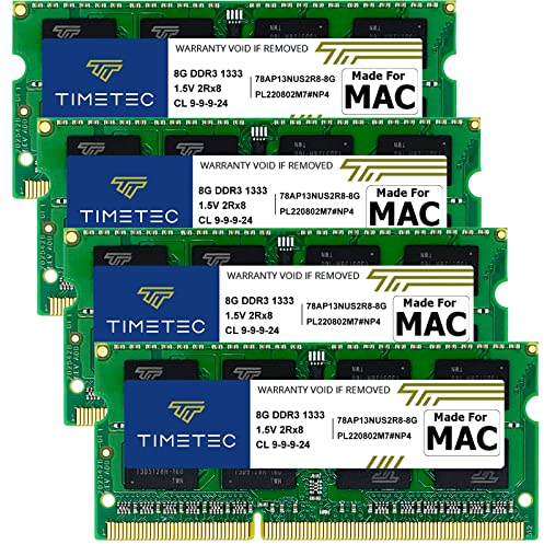 Timetec 32GB KIT(4x8GB) kompatibel mit Apple DDR3 1333 MHz PC3-10600 CL9 für iMac (Mitte 2010 27 Zoll, Mitte 2011 21,5/27 Zoll) SODIMM MAC RAM-Upgrade für iMac 11,3/12,1/12, 2