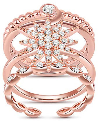GNOCE 4 Stück Star Moon stapelbares Ring Set 18Karat rosévergoldete Damen Ringset Eternity Eheringe Versprechen Ringe für Sie (Rosegold, 50 (15.9))