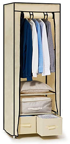 Hododou Canvas Wardrobe Fabric Wardrobe for Bedroom 160 x 59 x 43CM Portable Closet with 2 Drawers and Hanging Rail, for Living Room, Dormitory, Fabric Closet for Clothes, Bags, Toys, Shoes, Beige