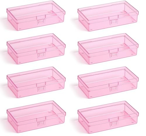 Goodma Lot de 8 mini boîtes de rangement rectangulaires vides en plastique avec couvercles à charnière pour petits articles et autres projets d'artisanat, 13,5 x 7,9 x 3 cm (rose)