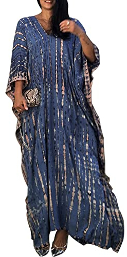 Women Kaftan Dress,Free Size Loose Long Caftans Short Sleeve Tunic Kimono Everyday Swimwear Beach Bathing Suit Cover Ups Loungewear Robes (Dark Blue, One Size)