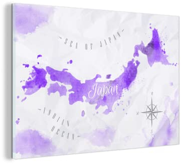 MuchoWow Glasbild Glasfoto Wandbild Bilder Deko 150x100 cm Weltkarten - Japan - Violett
