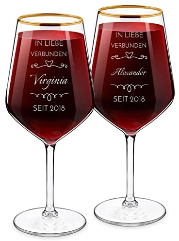 Maverton 2er Weingläser Set mit Gravur 530 ml - XL 2 Weinkelche mit Goldrand - Ø 9 cm, H: 22 cm - 2 Wine Glasses für Paare - zur Hochzeit - zum Hochzeitsjubiläum - zu Weihnachten - Bund